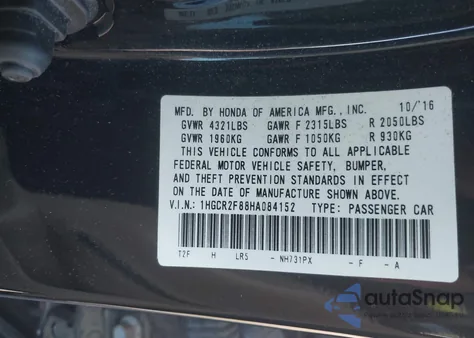 2017 Honda Accord Ex-L z USA, uszkodzony, nr VIN 1HGCR2F88HA084152